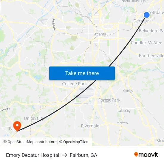 Emory Decatur Hospital to Fairburn, GA map
