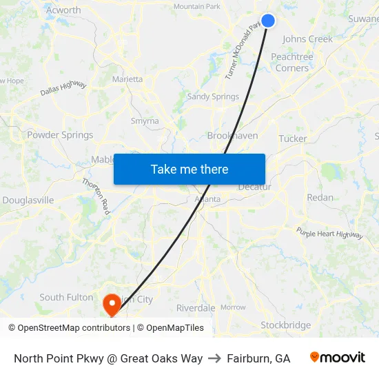 North Point Pkwy @ Great Oaks Way to Fairburn, GA map