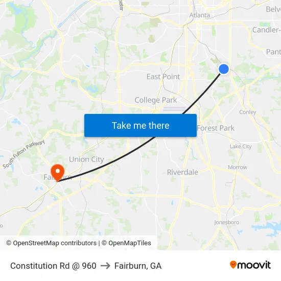 Constitution Rd @ 960 to Fairburn, GA map