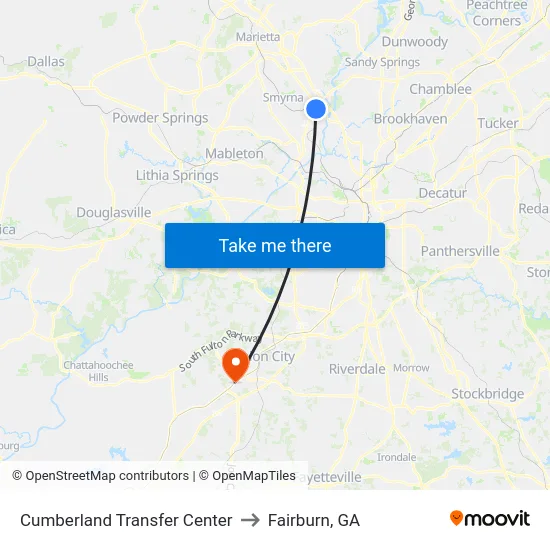 Cumberland Transfer Center to Fairburn, GA map