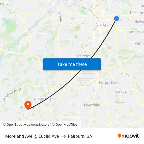 Moreland Ave @ Euclid Ave to Fairburn, GA map