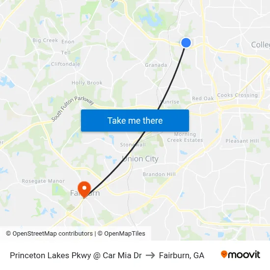 Princeton Lakes Pkwy @ Car Mia Dr to Fairburn, GA map