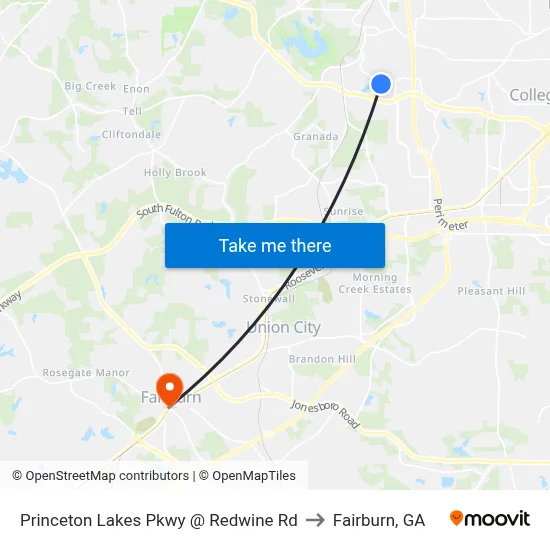 Princeton Lakes Pkwy @ Redwine Rd to Fairburn, GA map