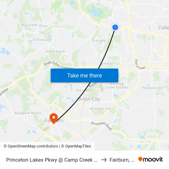 Princeton Lakes Pkwy @ Camp Creek Pkwy to Fairburn, GA map