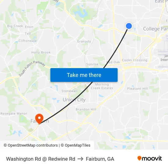 Washington Rd @ Redwine Rd to Fairburn, GA map