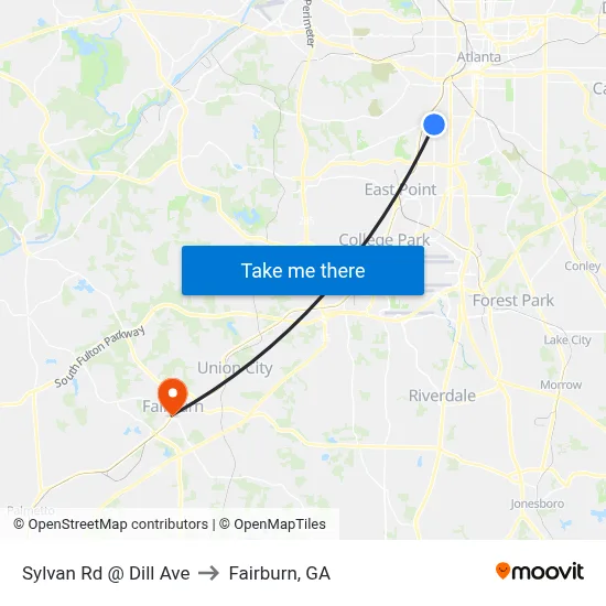 Sylvan Rd @ Dill Ave to Fairburn, GA map