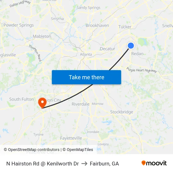 N Hairston Rd @ Kenilworth Dr to Fairburn, GA map