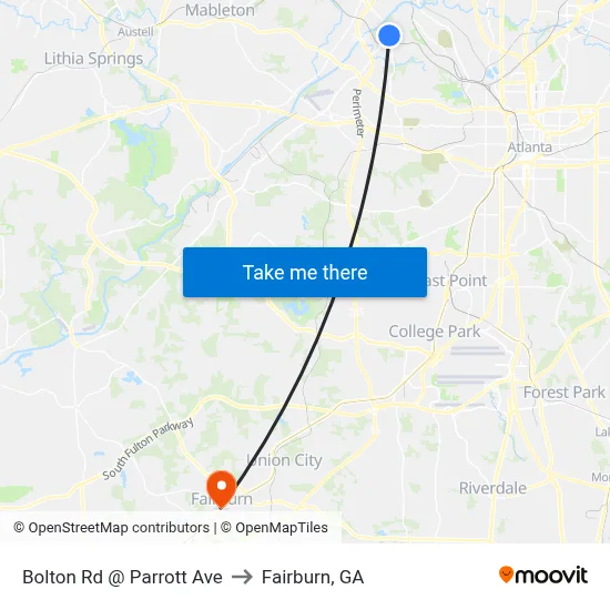 Bolton Rd @ Parrott Ave to Fairburn, GA map