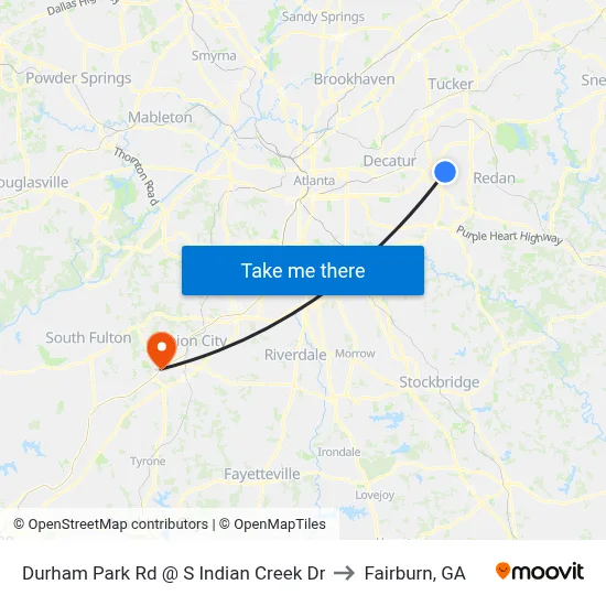 Durham Park Rd @ S Indian Creek Dr to Fairburn, GA map
