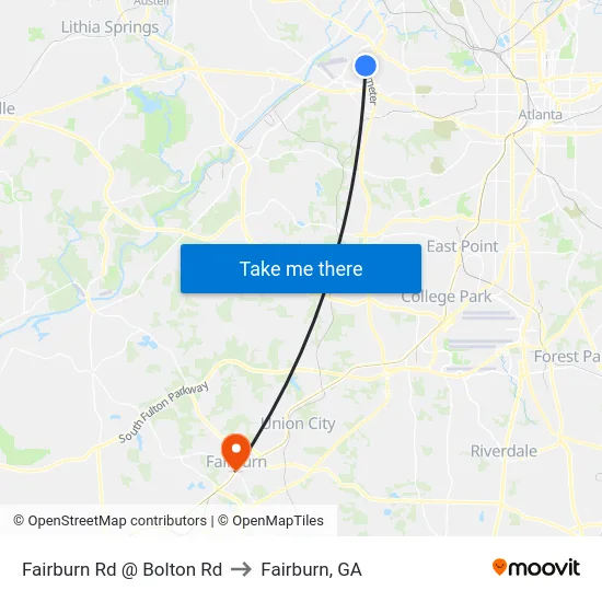 Fairburn Rd @ Bolton Rd to Fairburn, GA map