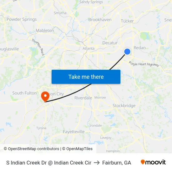 S Indian Creek Dr @ Indian Creek Cir to Fairburn, GA map