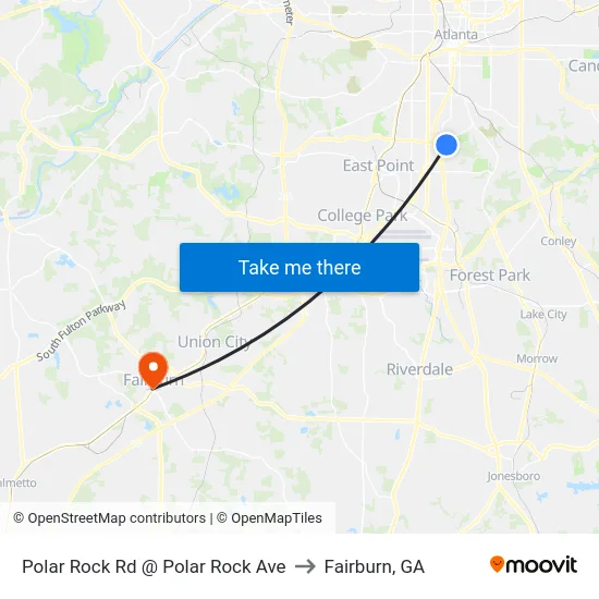 Polar Rock Rd @ Polar Rock Ave to Fairburn, GA map