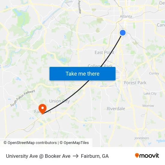 University Ave @ Booker Ave to Fairburn, GA map