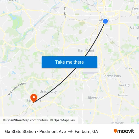 Ga State Station - Piedmont Ave to Fairburn, GA map