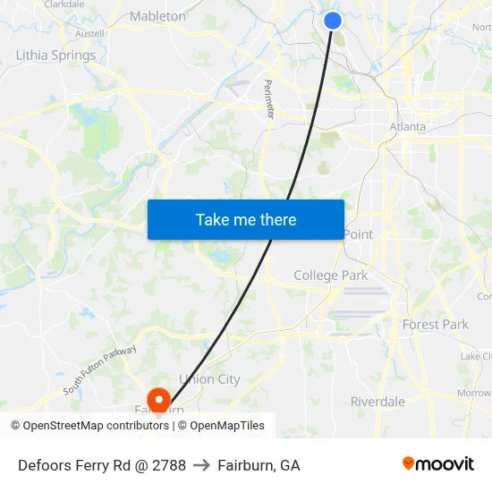 Defoors Ferry Rd @ 2788 to Fairburn, GA map