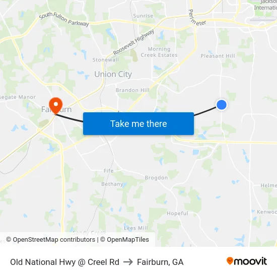 Old National Hwy @ Creel Rd to Fairburn, GA map