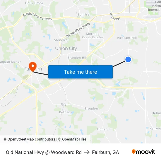 Old National Hwy @ Woodward Rd to Fairburn, GA map