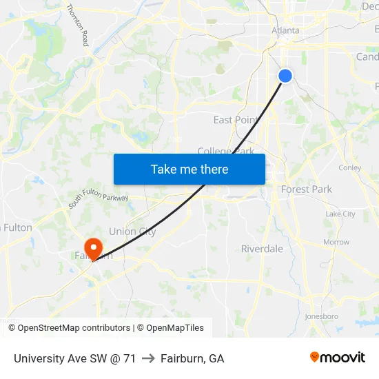 University Ave SW @ 71 to Fairburn, GA map
