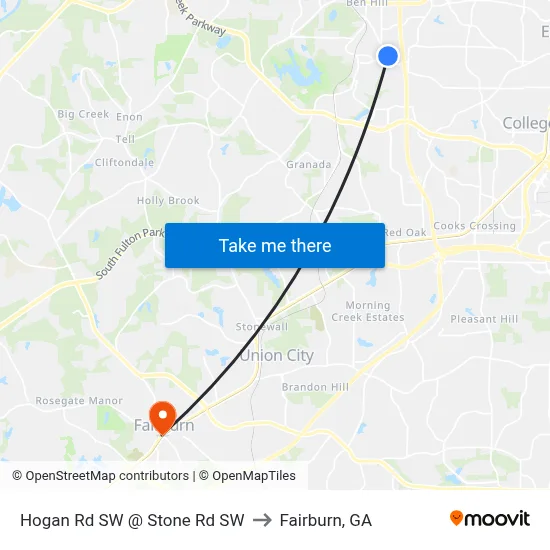 Hogan Rd SW @ Stone Rd SW to Fairburn, GA map