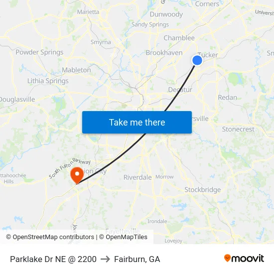 Parklake Dr NE @ 2200 to Fairburn, GA map