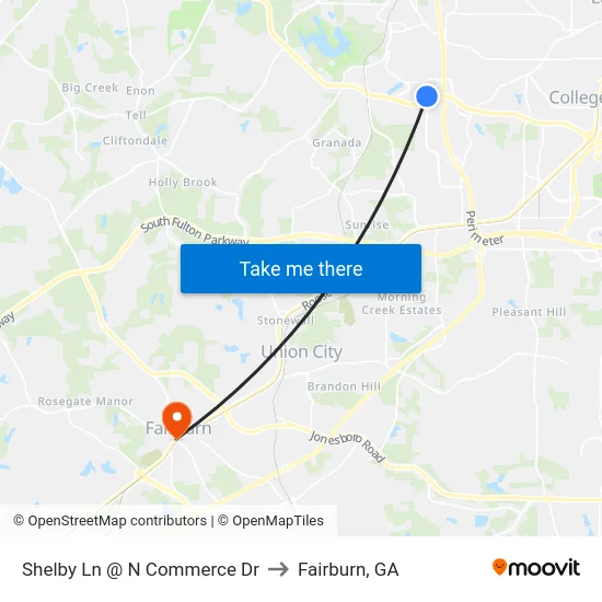 Shelby Ln @ N Commerce Dr to Fairburn, GA map