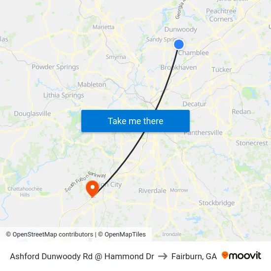 Ashford Dunwoody Rd @ Hammond Dr to Fairburn, GA map