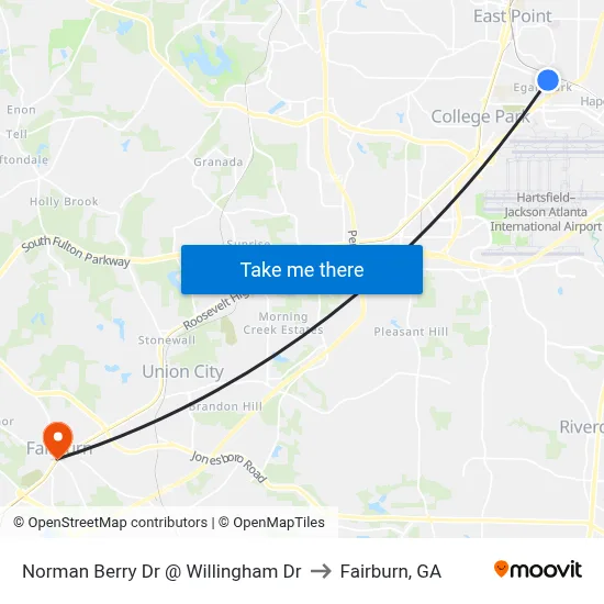 Norman Berry Dr @ Willingham Dr to Fairburn, GA map