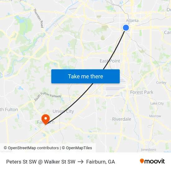 Peters St SW @ Walker St SW to Fairburn, GA map