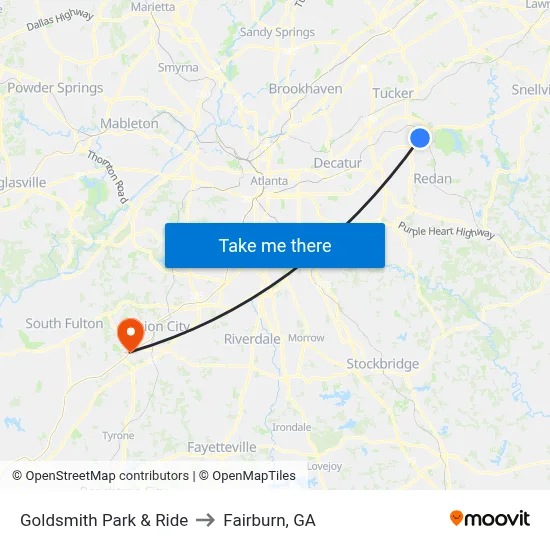 Goldsmith Park & Ride to Fairburn, GA map