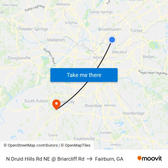 N Druid Hills Rd NE @ Briarcliff Rd to Fairburn, GA map