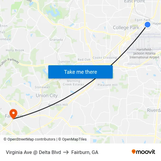 Virginia Ave @ Delta Blvd to Fairburn, GA map