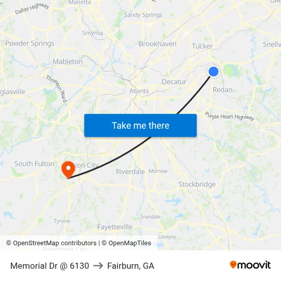 Memorial Dr @ 6130 to Fairburn, GA map