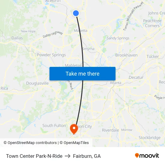 Town Center Park-N-Ride to Fairburn, GA map