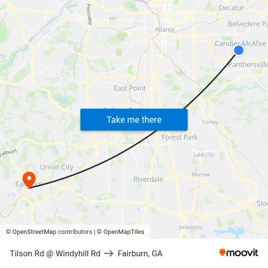 Tilson Rd @ Windyhill Rd to Fairburn, GA map