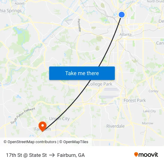 17th St @ State St to Fairburn, GA map