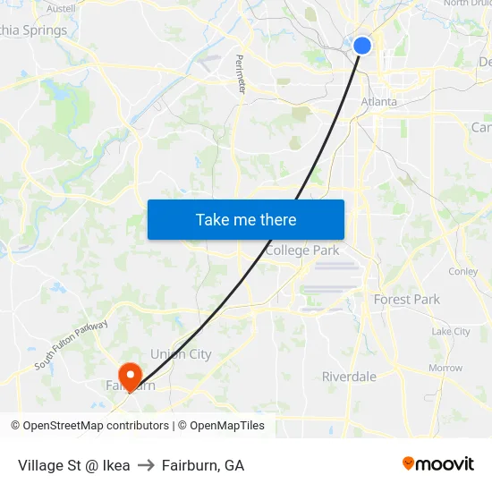 Village St @ Ikea to Fairburn, GA map