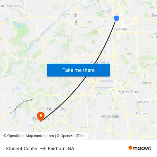 Student Center to Fairburn, GA map