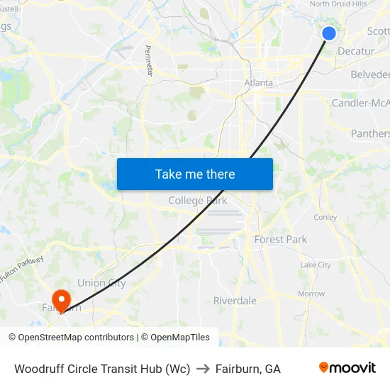 Woodruff Circle Transit Hub (Wc) to Fairburn, GA map