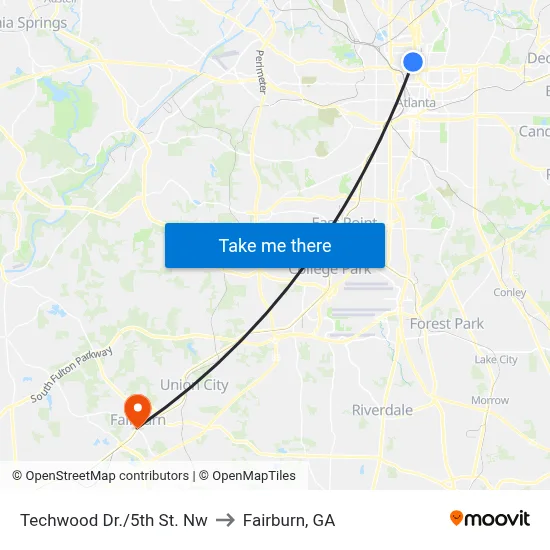 Techwood Dr./5th St. Nw to Fairburn, GA map
