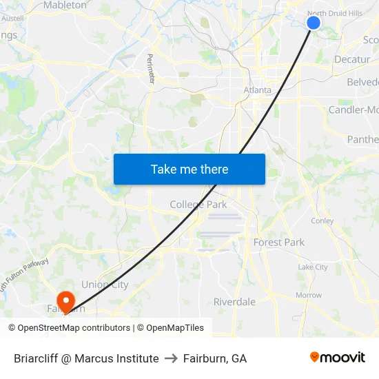 Briarcliff @ Marcus Institute to Fairburn, GA map