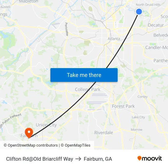 Clifton Rd@Old Briarcliff Way to Fairburn, GA map