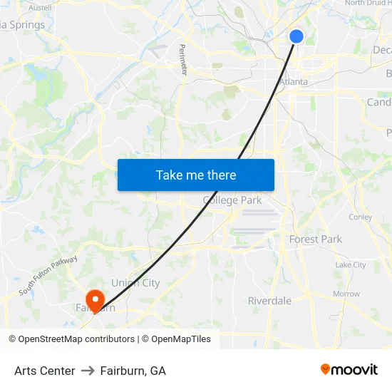 Arts Center to Fairburn, GA map