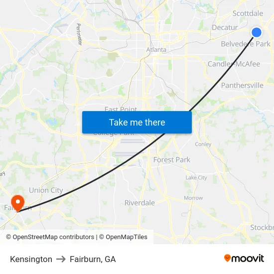 Kensington to Fairburn, GA map