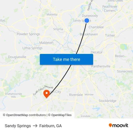 Sandy Springs to Fairburn, GA map