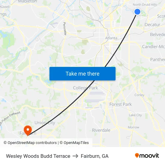 Wesley Woods Budd Terrace to Fairburn, GA map