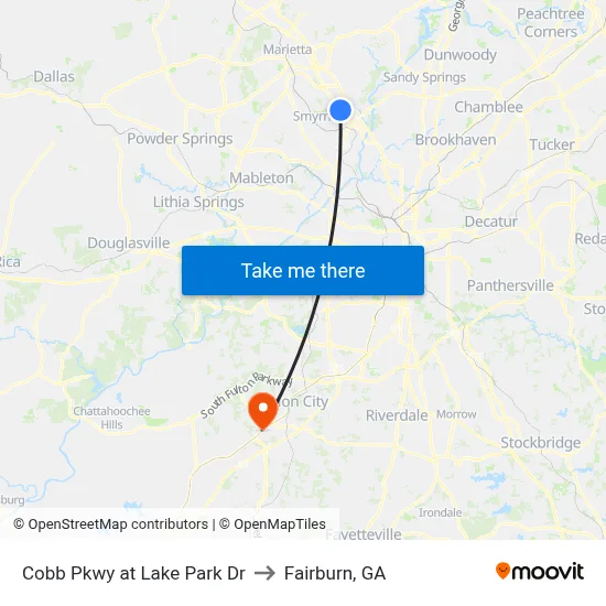 Cobb Pkwy at Lake Park Dr to Fairburn, GA map