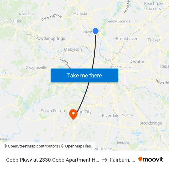 Cobb Pkwy at 2330 Cobb Apartment Homes to Fairburn, GA map