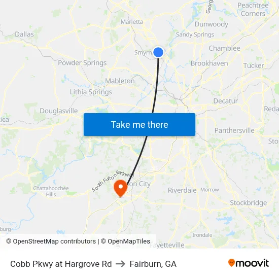 Cobb Pkwy at Hargrove Rd to Fairburn, GA map