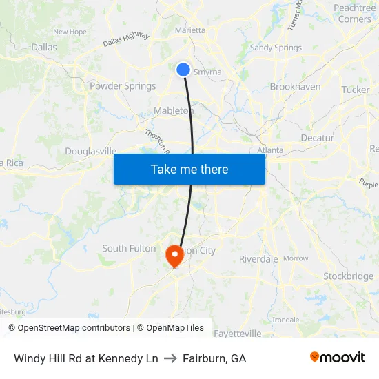 Windy Hill Rd at Kennedy Ln to Fairburn, GA map