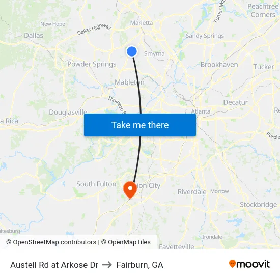 Austell Rd at Arkose Dr to Fairburn, GA map